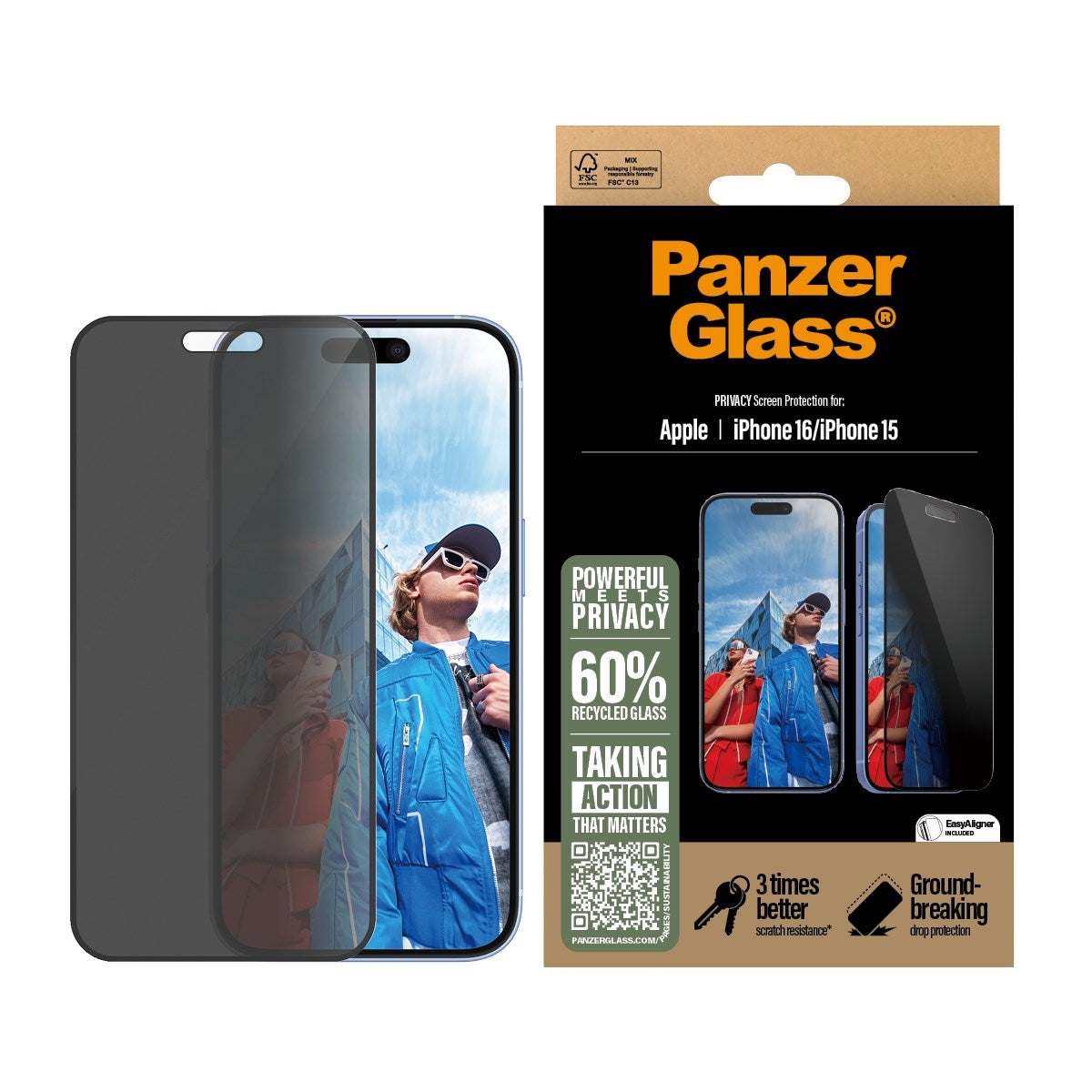 PanzerGlass® Privacy Skærmbeskyttelse iPhone 16 | 15 | Ultra-Wide Fit m. EasyAligner